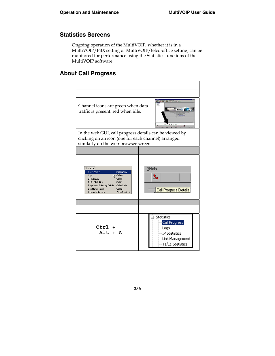 Statistics screens, About call progress | Multi-Tech Systems E1 User Manual | Page 256 / 395