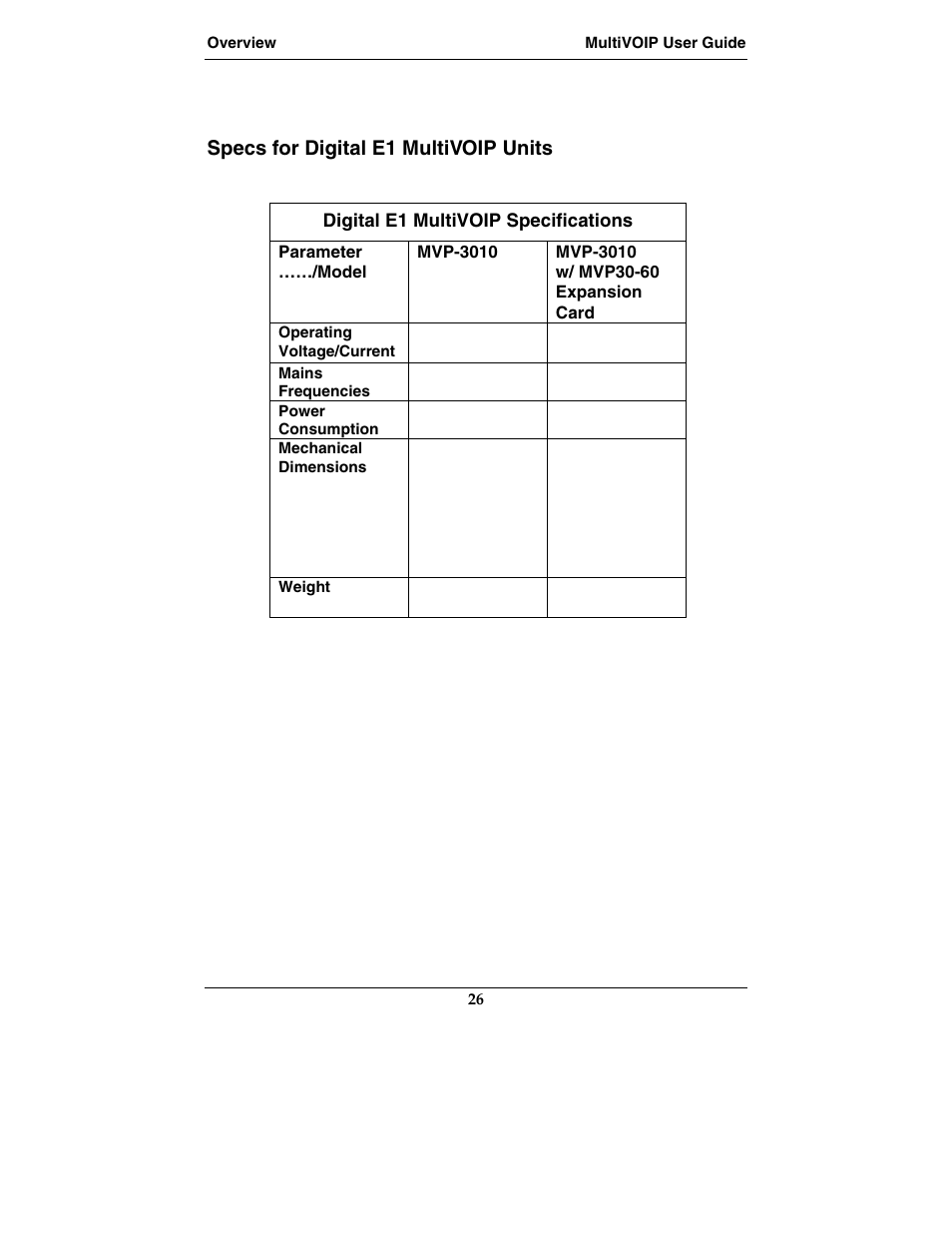 Specs for digital e1 multivoip units | Multi-Tech Systems E1 User Manual | Page 26 / 395