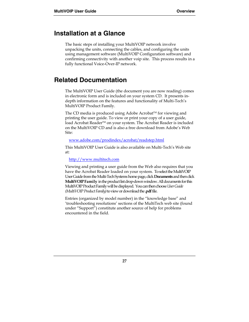 Installation at a glance, Related documentation | Multi-Tech Systems E1 User Manual | Page 27 / 395
