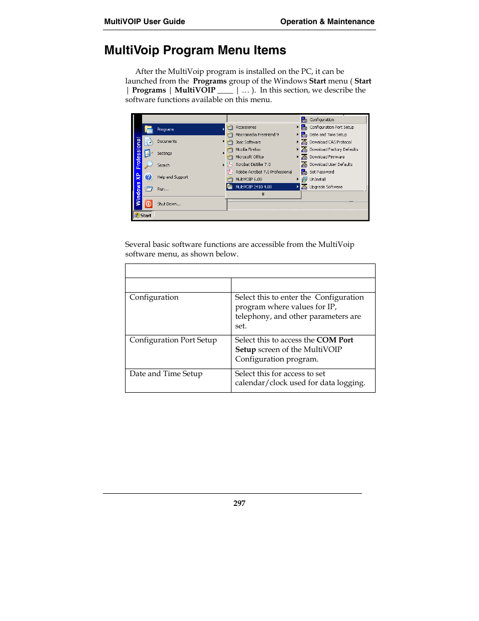 Multivoip program menu items | Multi-Tech Systems E1 User Manual | Page 297 / 395