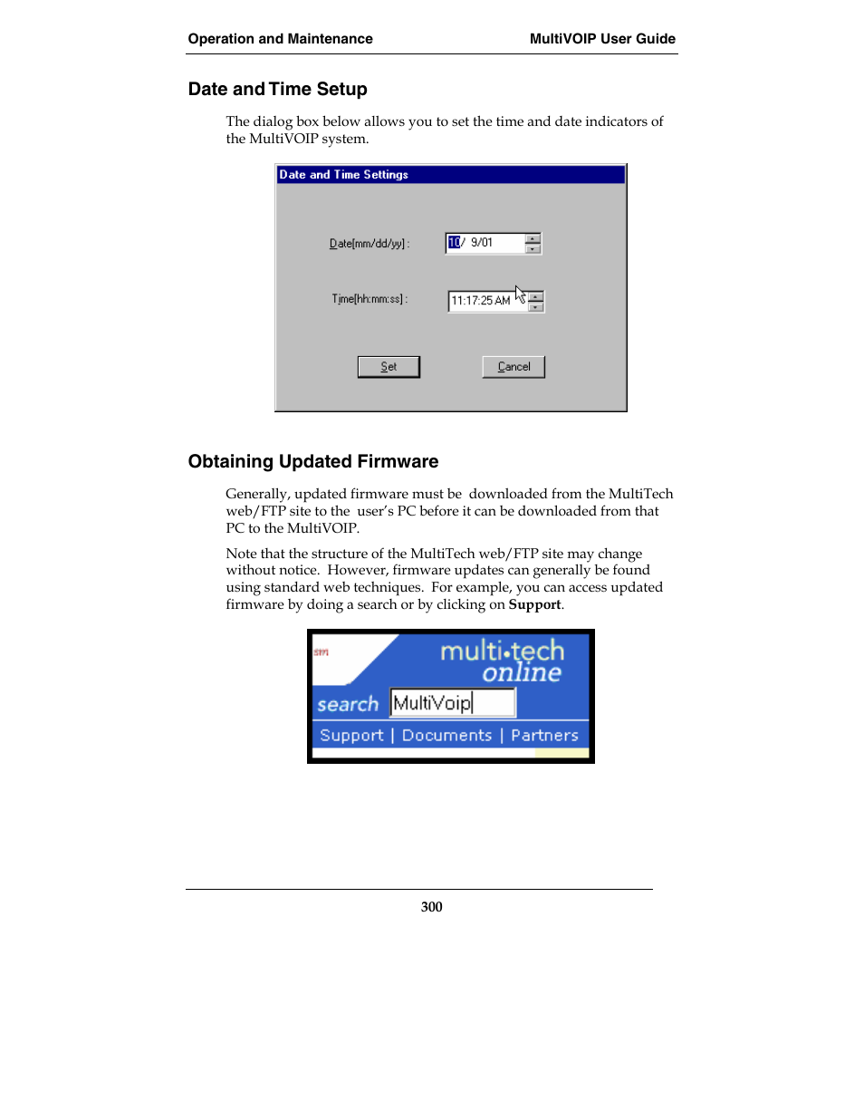 Date and time setup, Obtaining updated firmware | Multi-Tech Systems E1 User Manual | Page 300 / 395