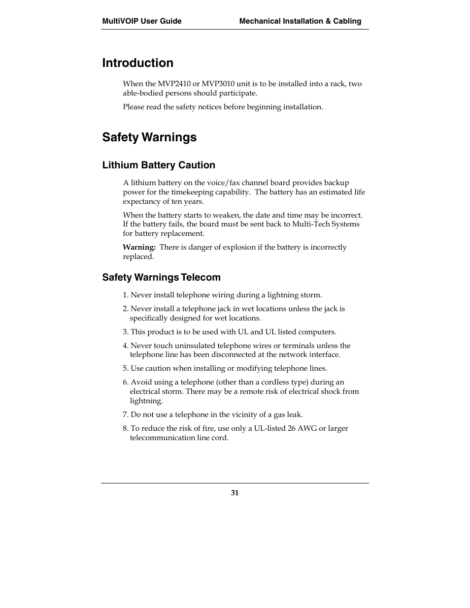 Introduction, Safety warnings, Lithium battery caution | Safety warnings telecom | Multi-Tech Systems E1 User Manual | Page 31 / 395