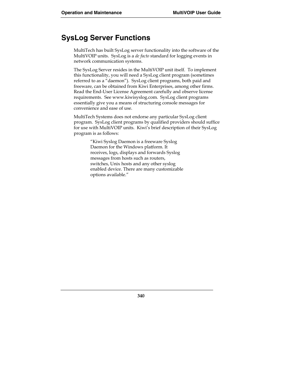 Syslog server functions | Multi-Tech Systems E1 User Manual | Page 340 / 395