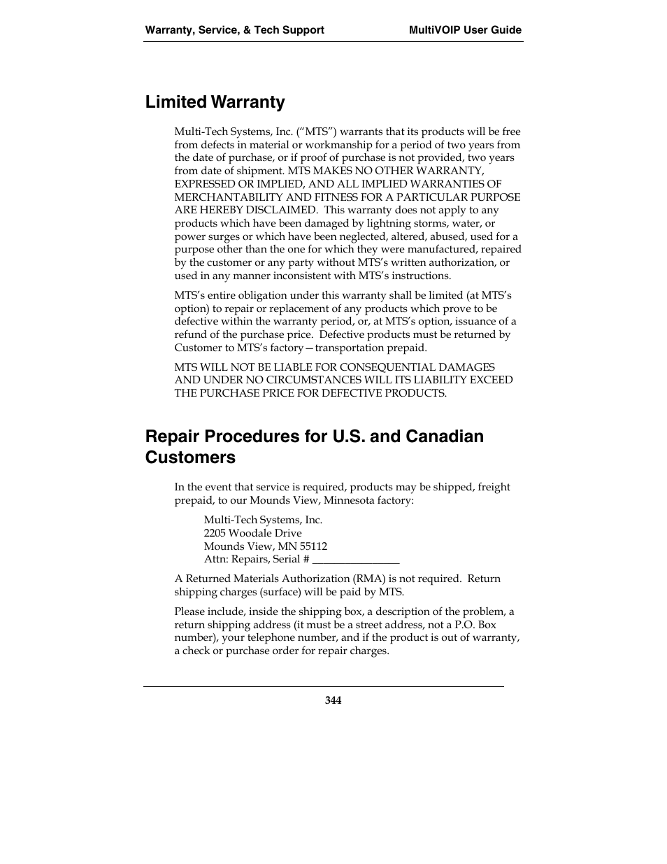Limited warranty, Repair procedures for u.s. and canadian customers | Multi-Tech Systems E1 User Manual | Page 344 / 395