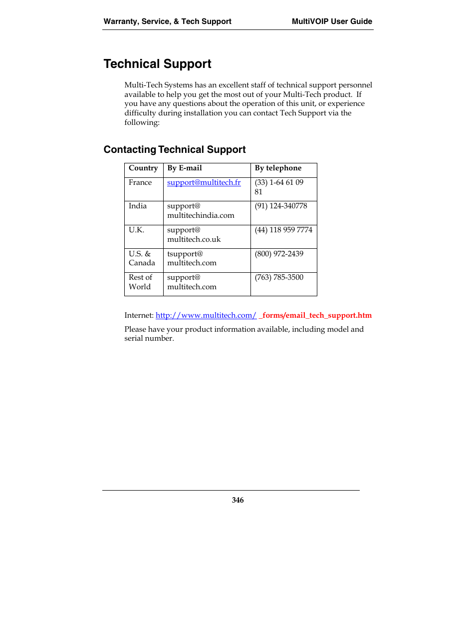 Technical support, Contacting technical support | Multi-Tech Systems E1 User Manual | Page 346 / 395