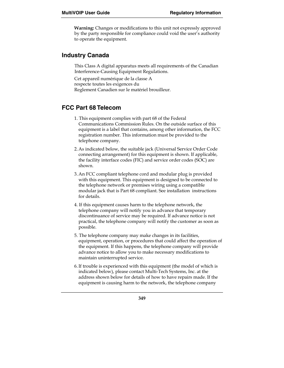 Industry canada, Fcc part 68 telecom | Multi-Tech Systems E1 User Manual | Page 349 / 395