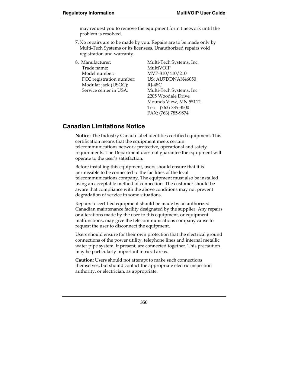 Canadian limitations notice | Multi-Tech Systems E1 User Manual | Page 350 / 395