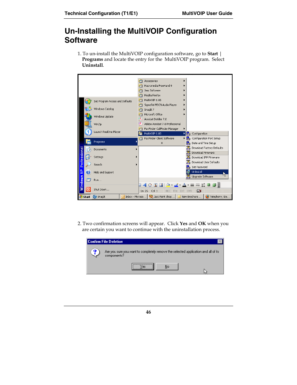 Un-installing the multivoip configuration software | Multi-Tech Systems E1 User Manual | Page 46 / 395