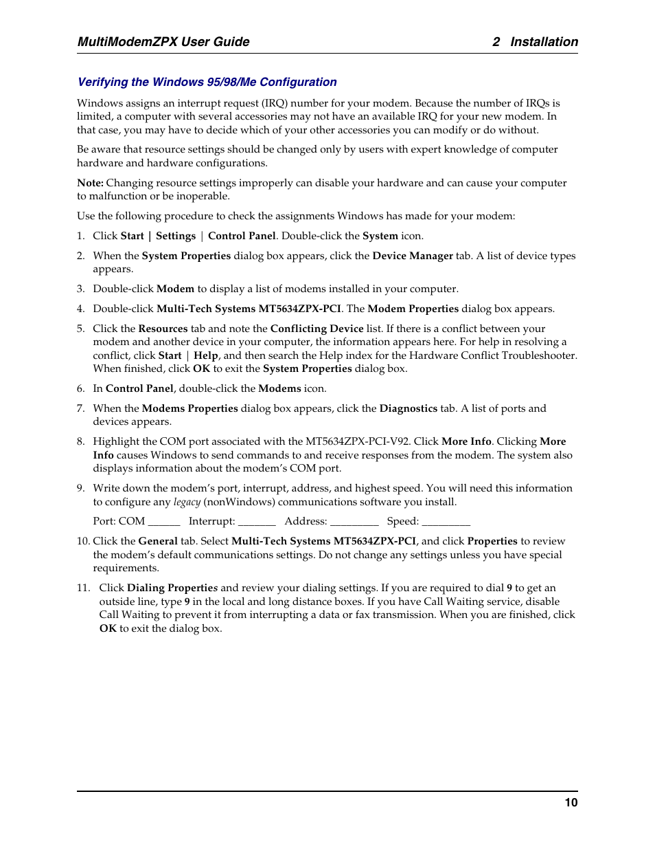 2 installation, Multimodemzpx user guide | Multi-Tech Systems MT5634ZPX-PCI-U-NV User Manual | Page 10 / 40