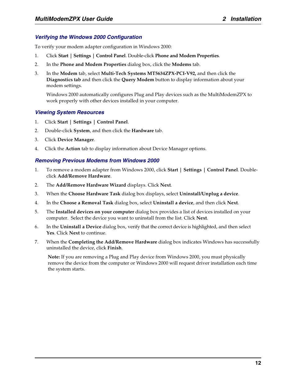 Removing previous modems, Step 4: configure the modem for your country, 2 installation | Multimodemzpx user guide | Multi-Tech Systems MT5634ZPX-PCI-U-NV User Manual | Page 12 / 40