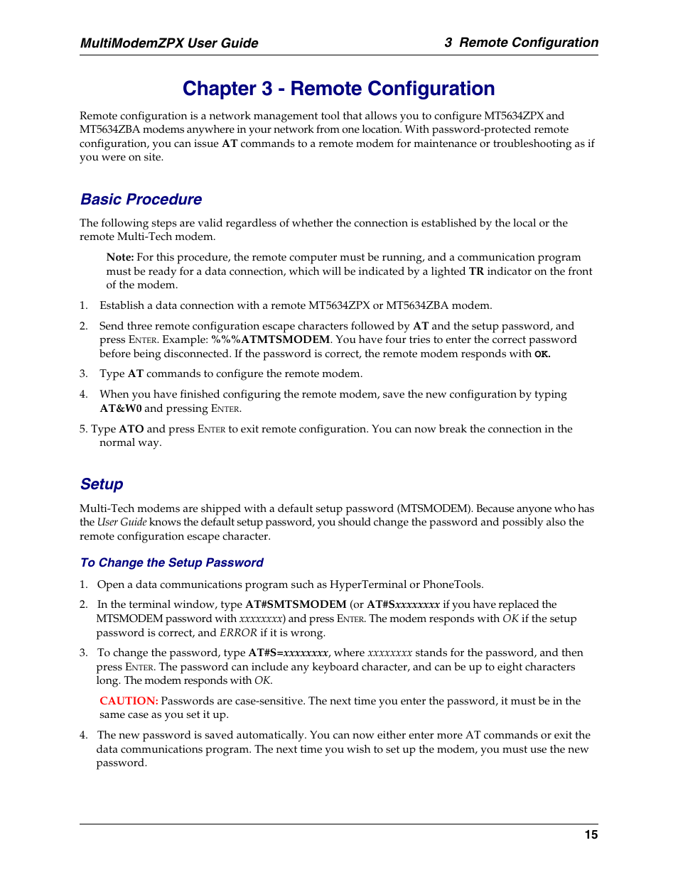 Chapter 3 - remote configuration, Basic procedure, Setup | Remote configuration, 3 remote configuration, Multimodemzpx user guide | Multi-Tech Systems MT5634ZPX-PCI-U-NV User Manual | Page 15 / 40