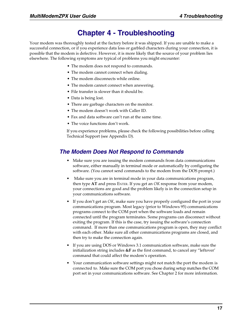 Chapter 4 - troubleshooting, The modem does not respond to commands, Communication programs | Initialization strings, Solving problems, Terminal mode, Troubleshooting | Multi-Tech Systems MT5634ZPX-PCI-U-NV User Manual | Page 17 / 40