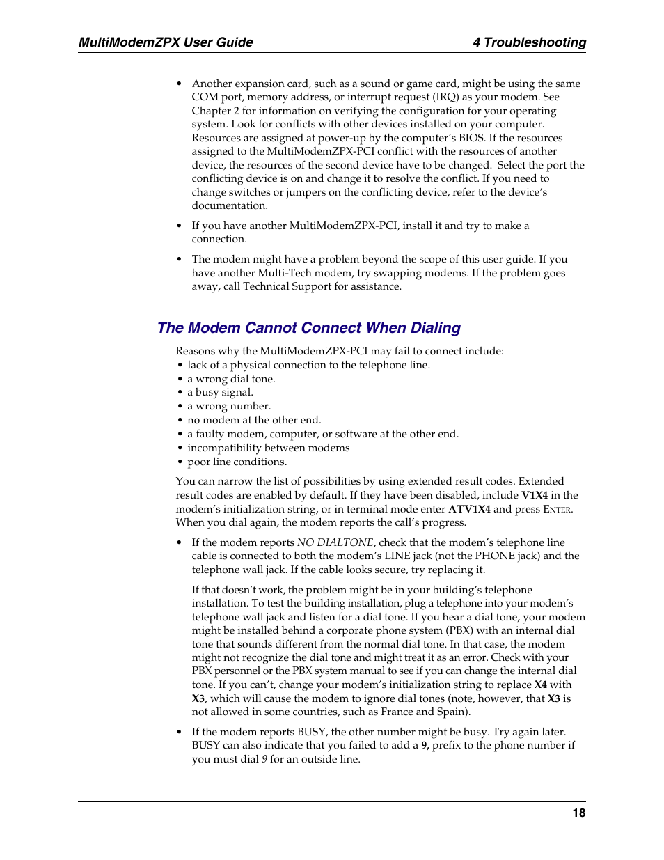 The modem cannot connect when dialing, Result codes, Line | Testing the modem, 4 troubleshooting, Multimodemzpx user guide | Multi-Tech Systems MT5634ZPX-PCI-U-NV User Manual | Page 18 / 40