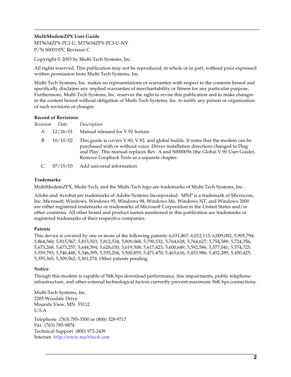 Multi-Tech Systems MT5634ZPX-PCI-U-NV User Manual | Page 2 / 40