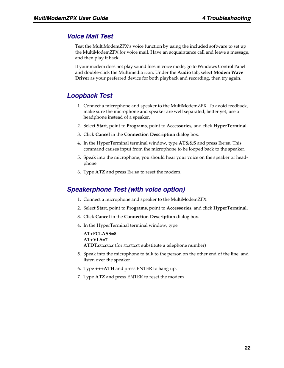 Voice mail test, Loopback test, Speakerphone test (with voice option) | Loopback tests | Multi-Tech Systems MT5634ZPX-PCI-U-NV User Manual | Page 22 / 40