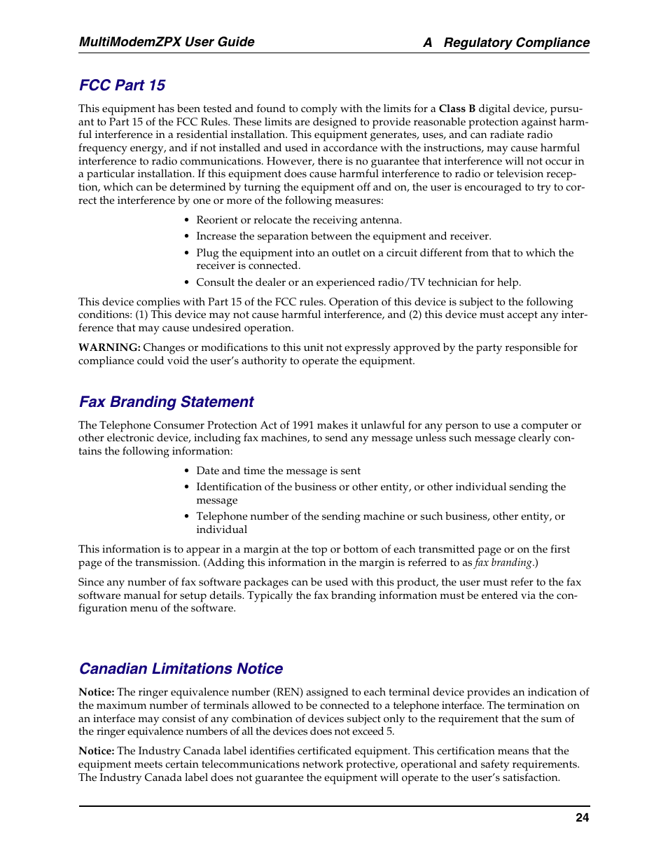 Canadian regulations, Industry canada regulations, Fcc part 15 | Fax branding statement, Canadian limitations notice | Multi-Tech Systems MT5634ZPX-PCI-U-NV User Manual | Page 24 / 40