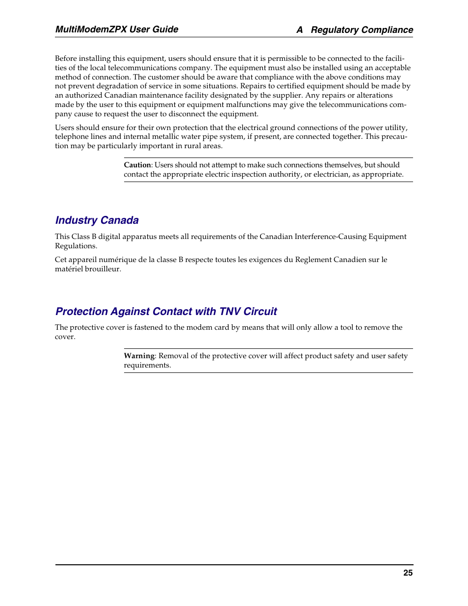 Industry canada, Protection against contact with tnv circuit | Multi-Tech Systems MT5634ZPX-PCI-U-NV User Manual | Page 25 / 40
