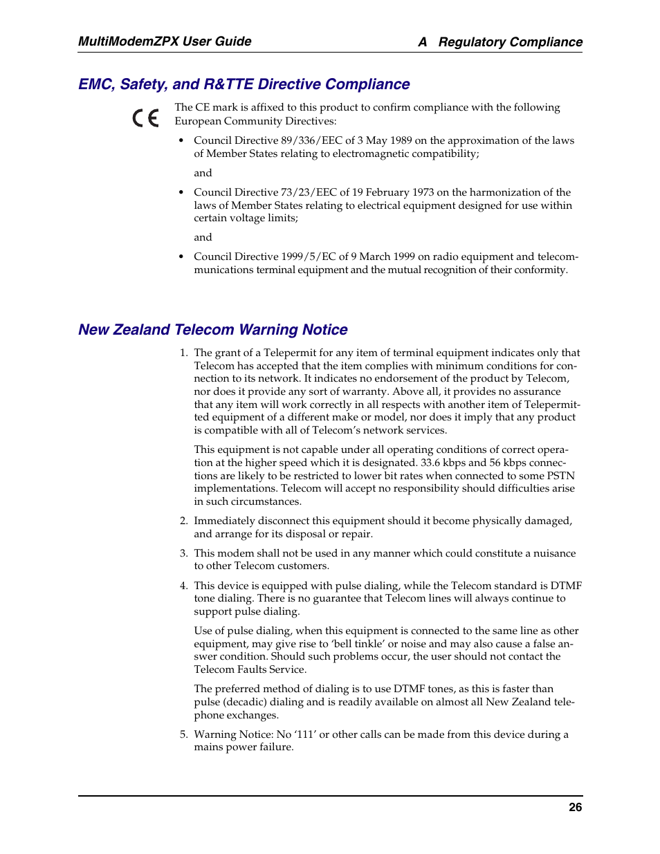 New zealand regulations, Emc, safety, and r&tte directive compliance, New zealand telecom warning notice | Multi-Tech Systems MT5634ZPX-PCI-U-NV User Manual | Page 26 / 40