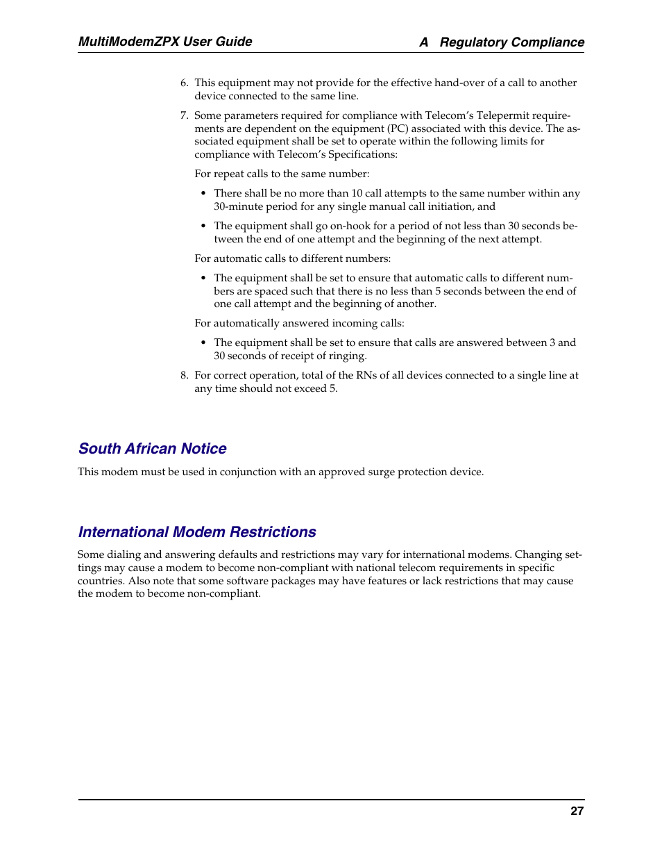 International restrictions, South african notice, International modem restrictions | Multi-Tech Systems MT5634ZPX-PCI-U-NV User Manual | Page 27 / 40