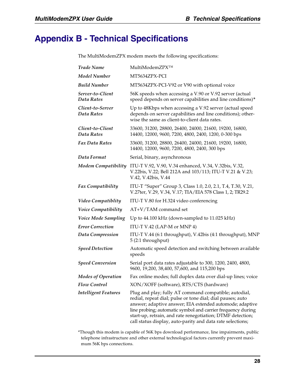 Specifications, technical, Technical specifications, Appendix b - technical specifications | B technical specifications, Multimodemzpx user guide | Multi-Tech Systems MT5634ZPX-PCI-U-NV User Manual | Page 28 / 40