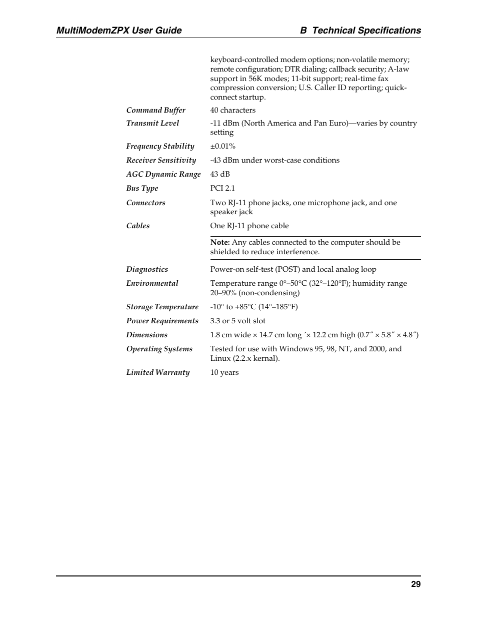 B technical specifications, Multimodemzpx user guide | Multi-Tech Systems MT5634ZPX-PCI-U-NV User Manual | Page 29 / 40