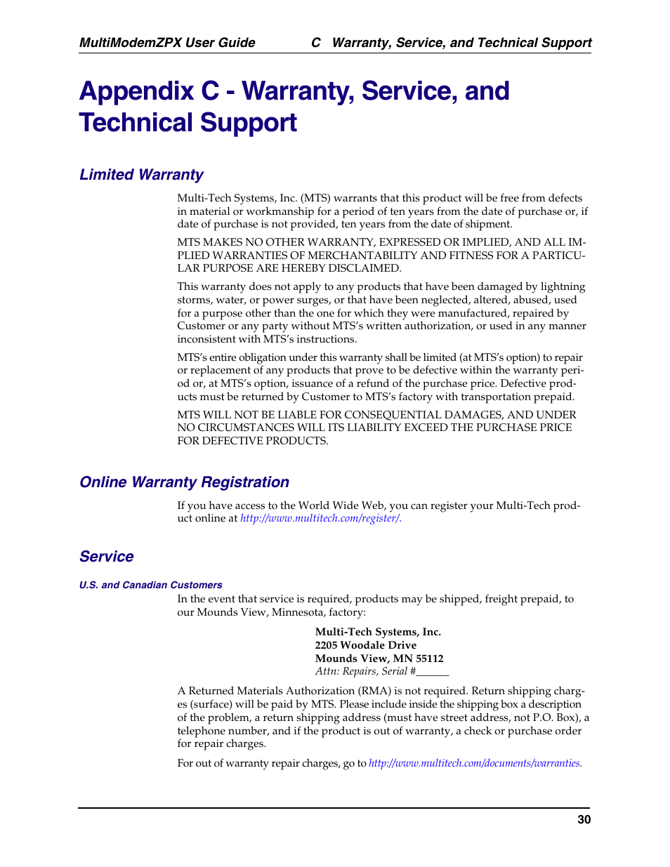 Limited warranty, Online warranty registration, Service | Technical support, Registering your product | Multi-Tech Systems MT5634ZPX-PCI-U-NV User Manual | Page 30 / 40