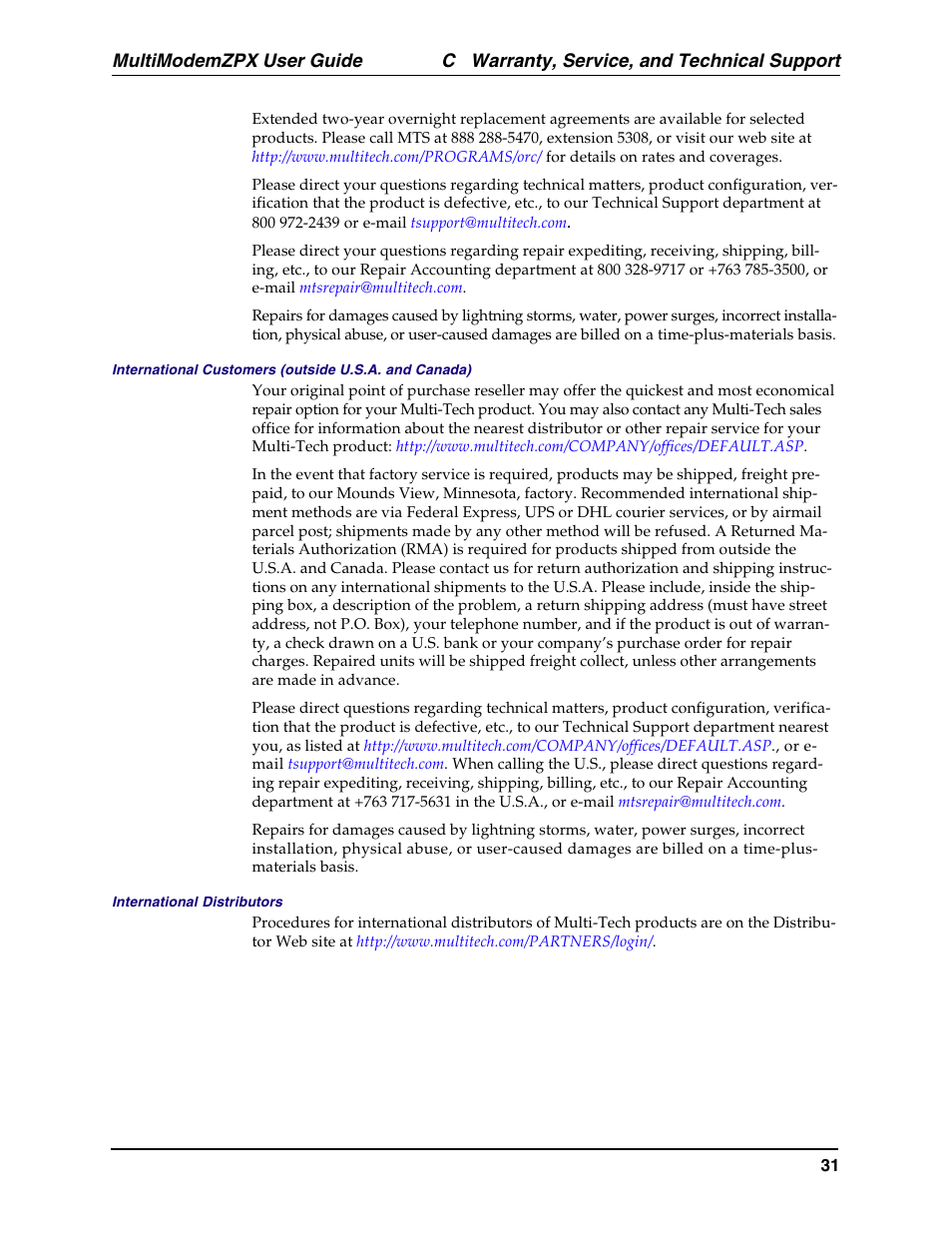 C warranty, service, and technical support, Multimodemzpx user guide | Multi-Tech Systems MT5634ZPX-PCI-U-NV User Manual | Page 31 / 40