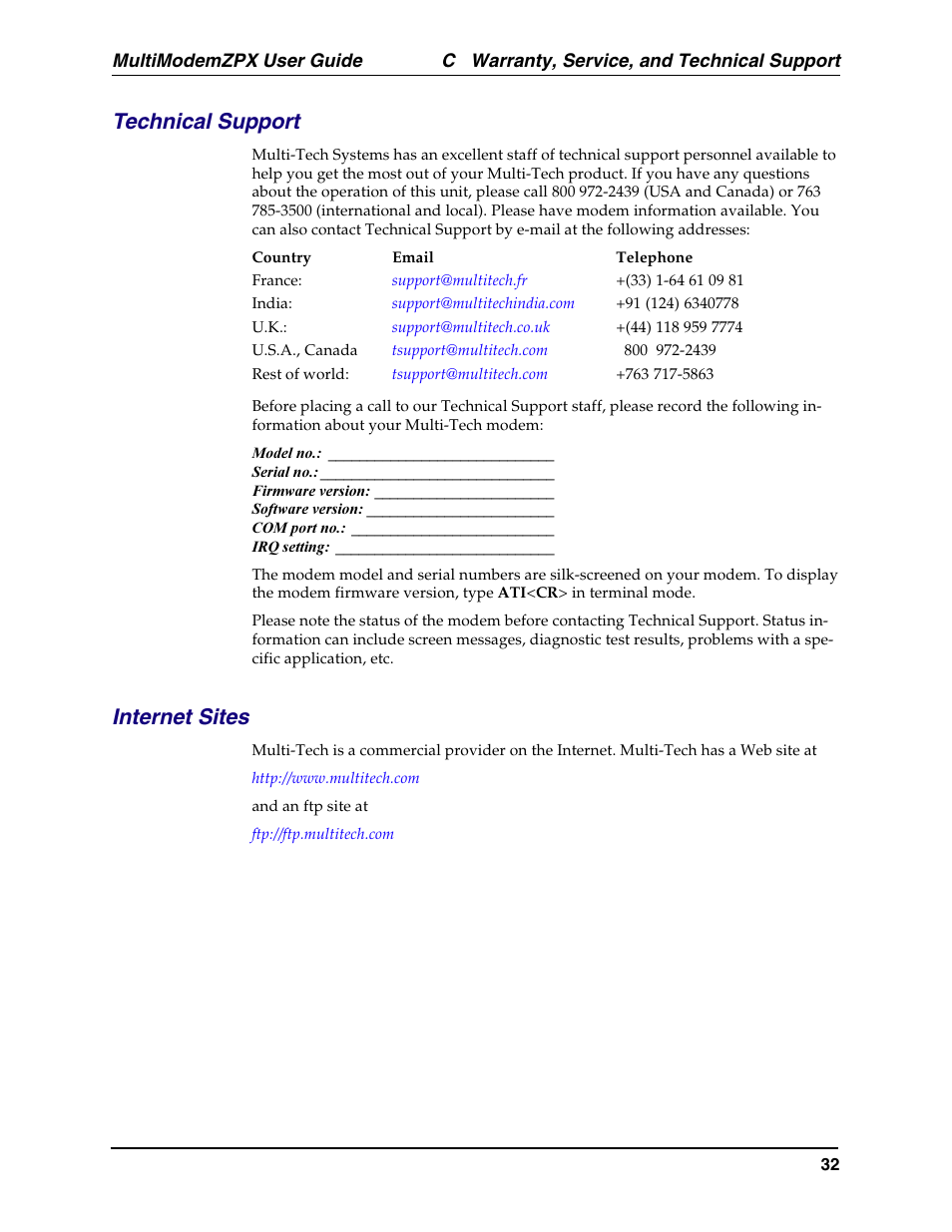 Technical support, Internet sites, Internet addresses | Multi-tech internet sites, Technical support internet sites | Multi-Tech Systems MT5634ZPX-PCI-U-NV User Manual | Page 32 / 40