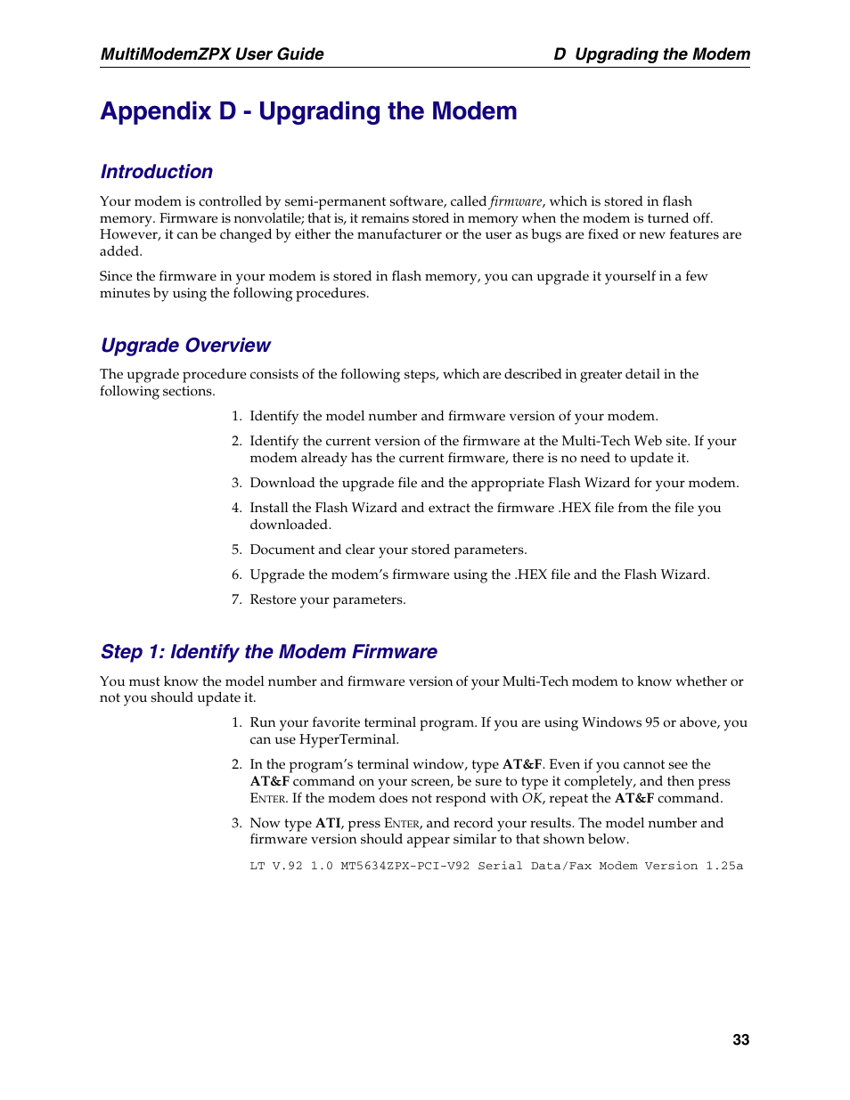 Appendix d - upgrading the modem, Introduction, Upgrade overview | Step 1: identify the modem firmware, Upgrading, Flash memory, Upgrading the modem | Multi-Tech Systems MT5634ZPX-PCI-U-NV User Manual | Page 33 / 40
