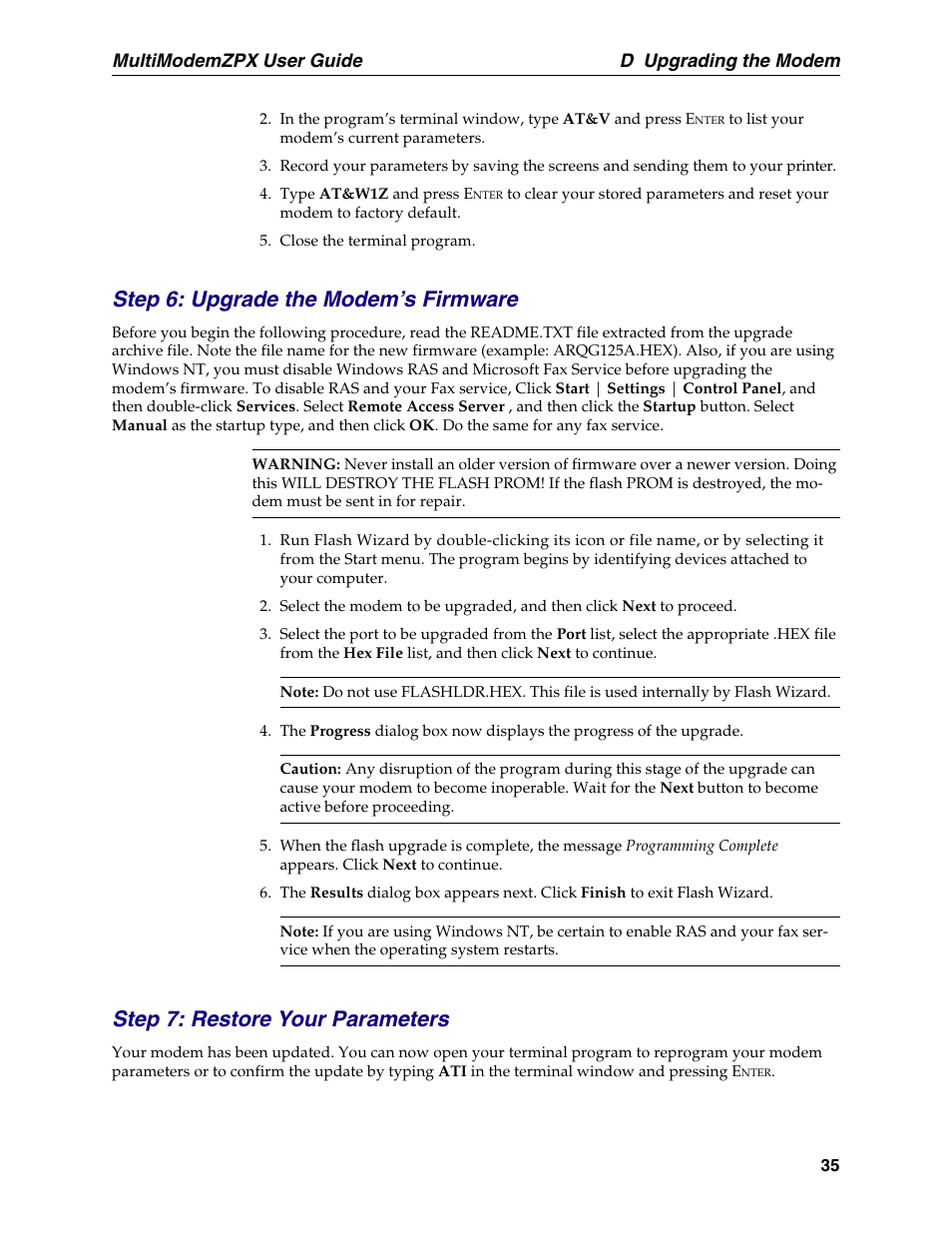 Step 6: upgrade the modem's firmware, Step 7: restore your parameters, Step 6: upgrade the modem’s firmware | D upgrading the modem, Multimodemzpx user guide | Multi-Tech Systems MT5634ZPX-PCI-U-NV User Manual | Page 35 / 40