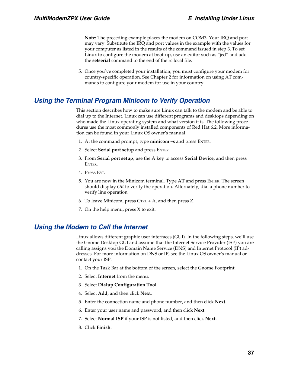 Using the modem to call the internet, E installing under linux multimodemzpx user guide | Multi-Tech Systems MT5634ZPX-PCI-U-NV User Manual | Page 37 / 40