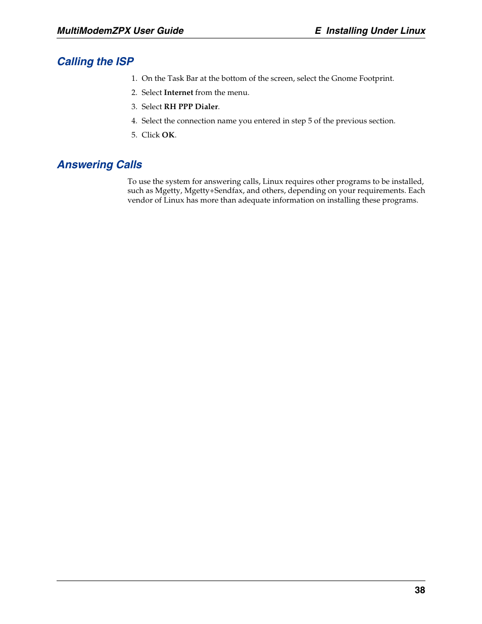 Calling the isp, Answering calls | Multi-Tech Systems MT5634ZPX-PCI-U-NV User Manual | Page 38 / 40