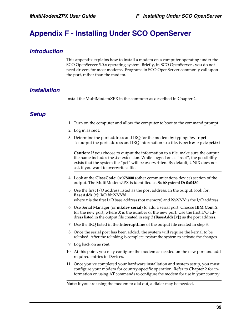 Appendix f - installing under sco openserver, Introduction, Installation | Setup, Introduction installation setup | Multi-Tech Systems MT5634ZPX-PCI-U-NV User Manual | Page 39 / 40