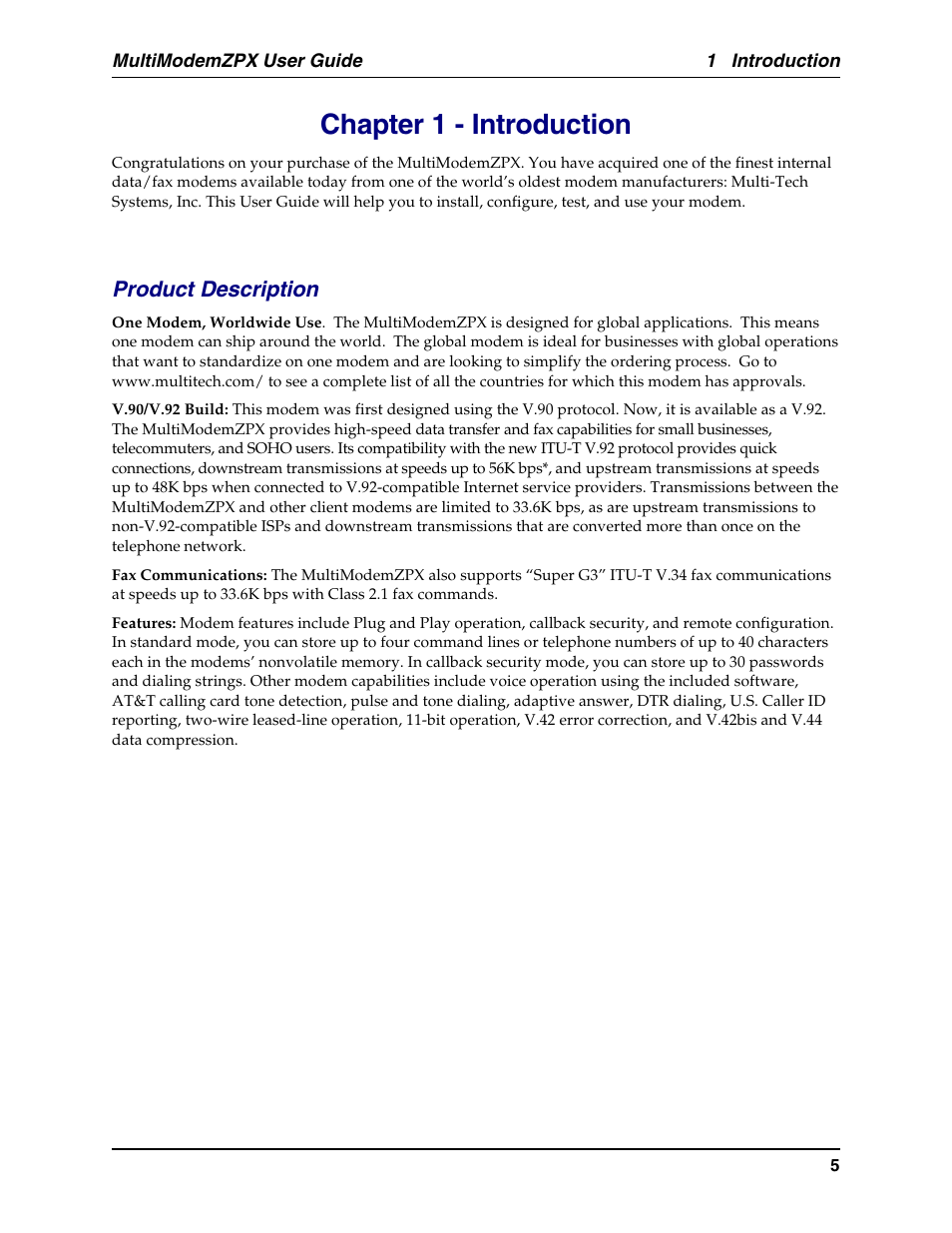Chapter 1 - introduction, Product description, Caller id | Plug and play | Multi-Tech Systems MT5634ZPX-PCI-U-NV User Manual | Page 5 / 40