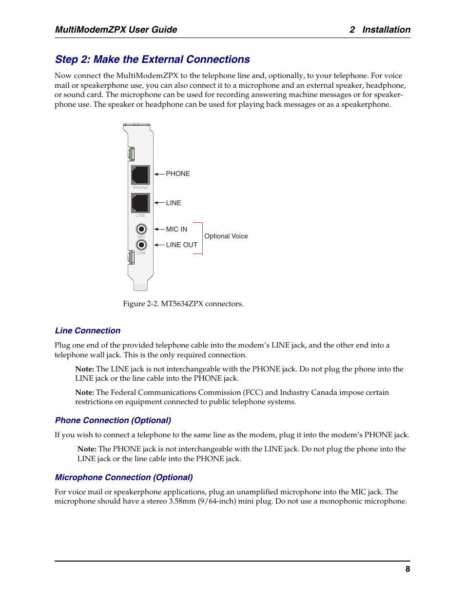 Step 2: make the external connections, Line connection, Microphone | Phone connection, Speakerphone, Connecting, Voice mail, 2 installation, Multimodemzpx user guide | Multi-Tech Systems MT5634ZPX-PCI-U-NV User Manual | Page 8 / 40