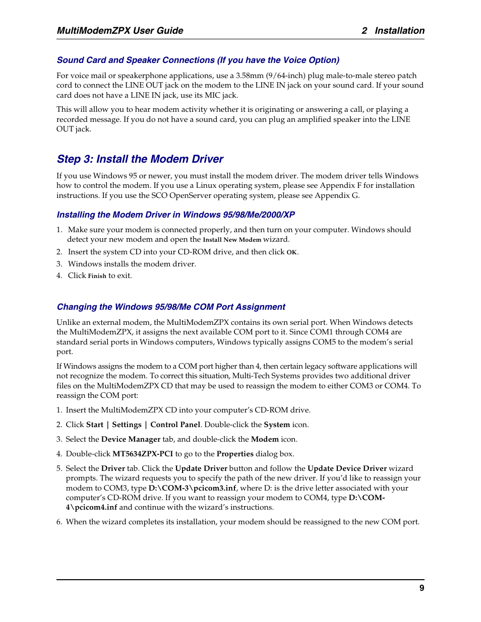 Step 3: install the modem driver, Com port assignment, Driver installation | Installing the modem driver, Modem driver installation, Modem on hold, Sound card connection, Windows operating systems, 2 installation, Multimodemzpx user guide | Multi-Tech Systems MT5634ZPX-PCI-U-NV User Manual | Page 9 / 40