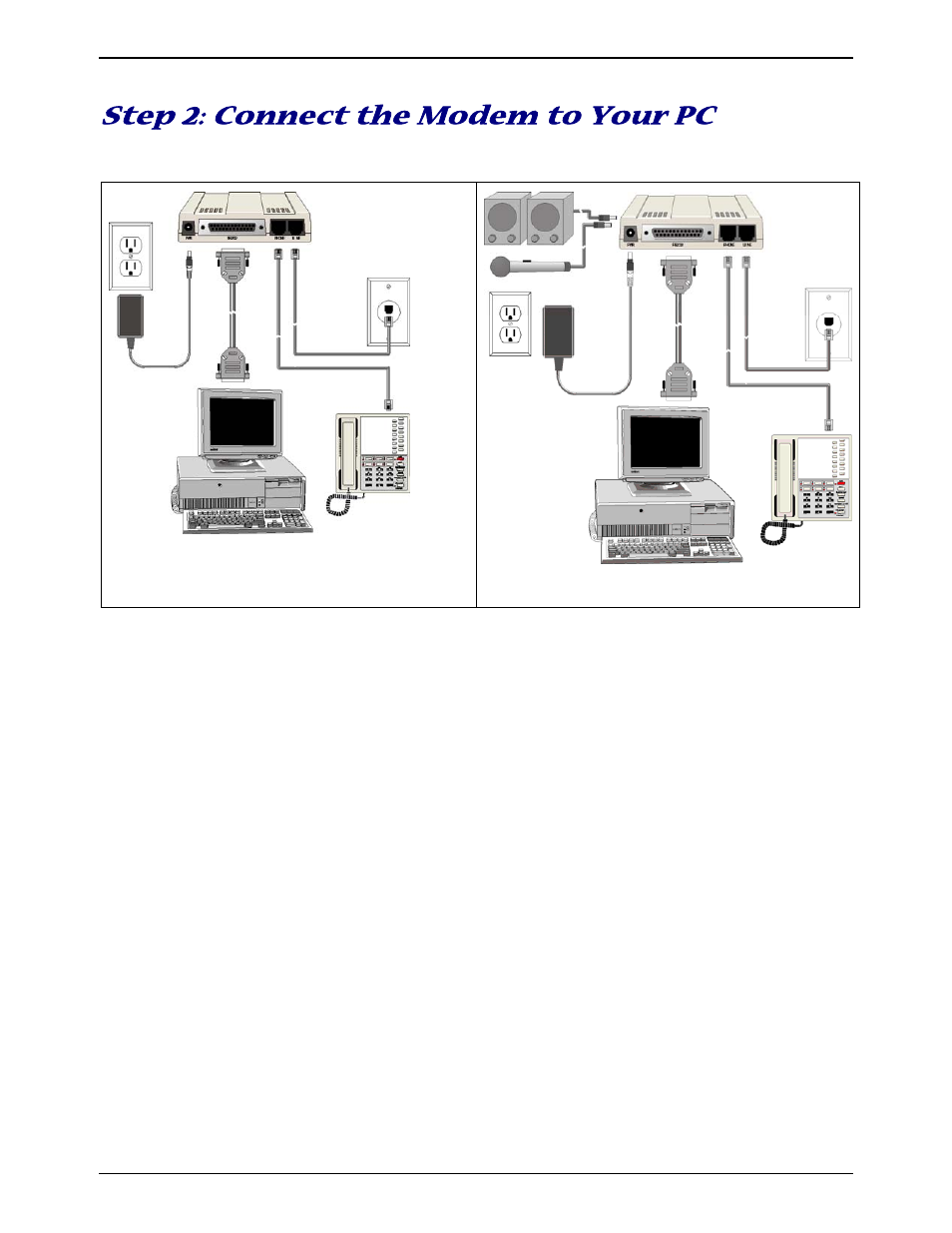 Step 2: connect the modem to your pc, Connect the modem to your pc, Connect the modem to the telephone line | Connect the modem to a phone (optional), Connect a microphone (voice option) | Multi-Tech Systems MT9234ZBA-V User Manual | Page 10 / 35