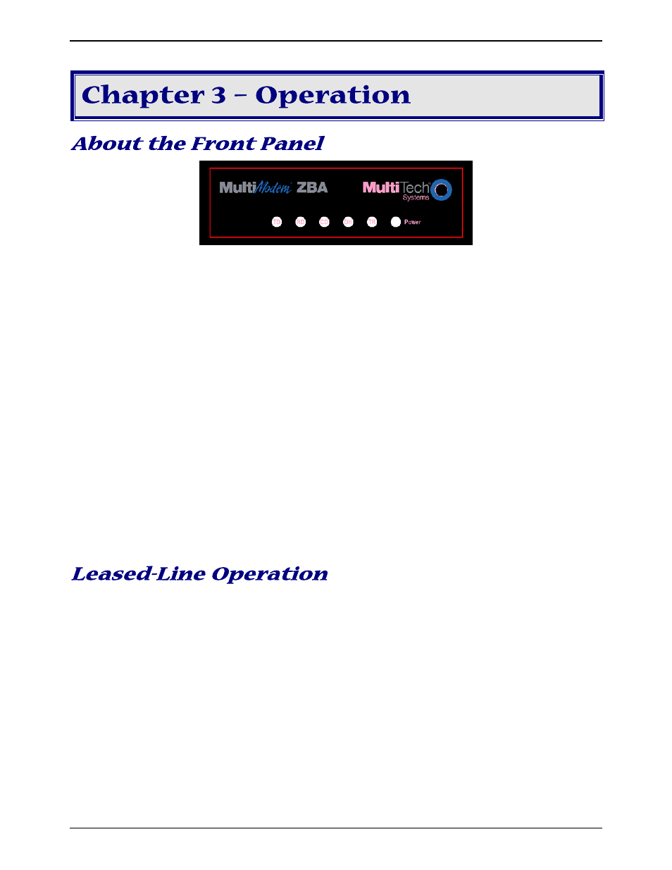 Chapter 3 – operation, About the front panel, Leased-line operation | Setup | Multi-Tech Systems MT9234ZBA-V User Manual | Page 13 / 35