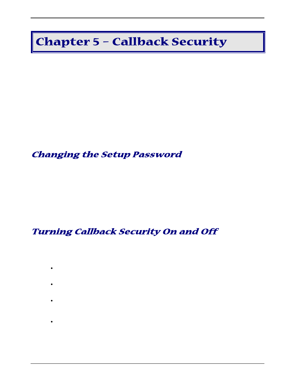 Chapter 5 – callback security, Changing the setup password, Turning callback security on and off | Multi-Tech Systems MT9234ZBA-V User Manual | Page 16 / 35