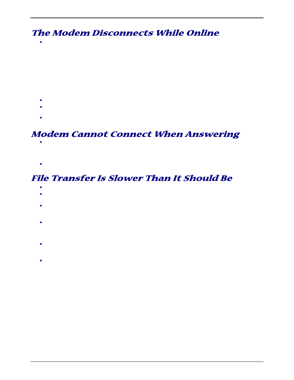 The modem disconnects while online, Modem cannot connect when answering, File transfer is slower than it should be | Multi-Tech Systems MT9234ZBA-V User Manual | Page 23 / 35