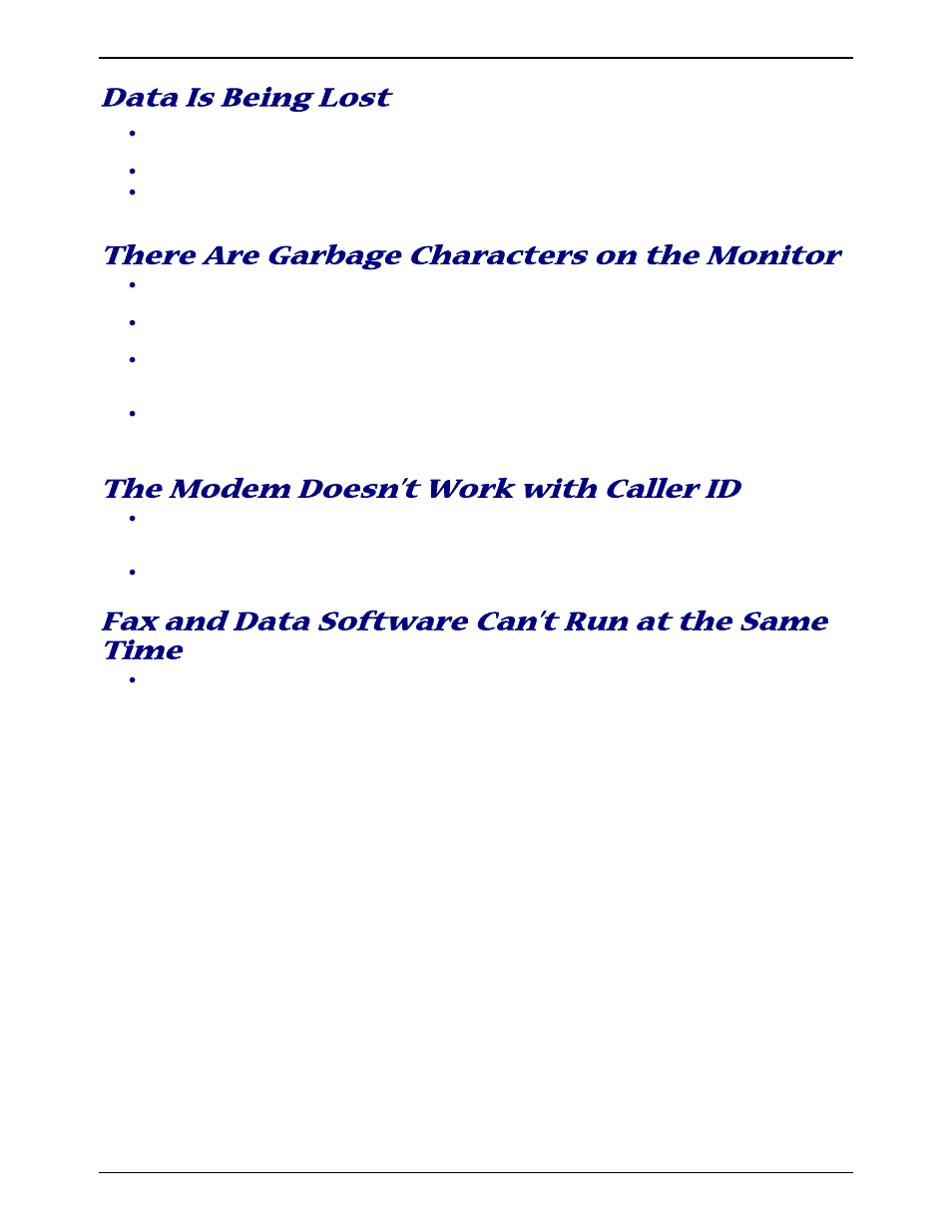 Data is being lost, There are garbage characters on the monitor, The modem doesn’t work with caller id | Fax and data software can’t run at the same time | Multi-Tech Systems MT9234ZBA-V User Manual | Page 24 / 35