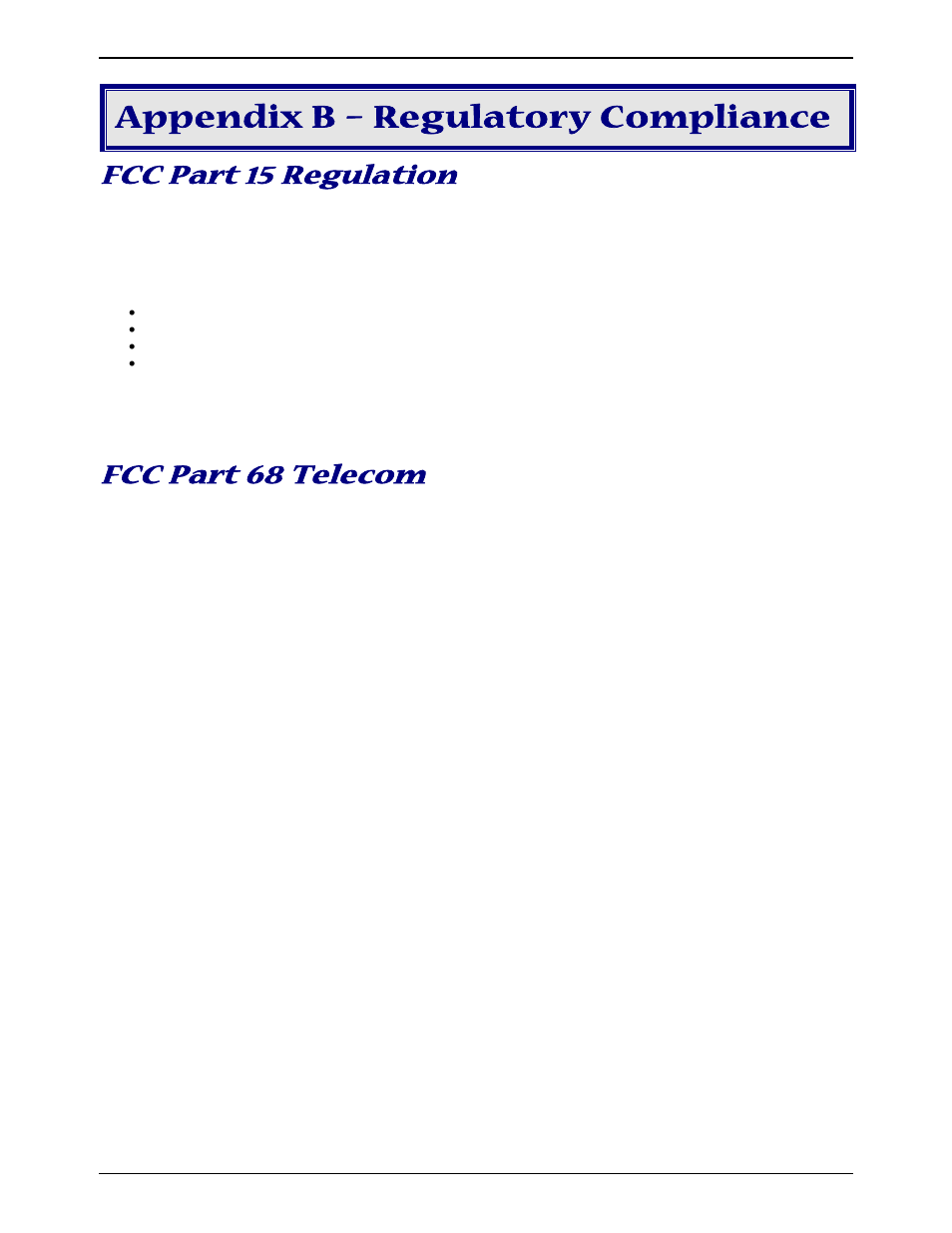 Appendix b – regulatory compliance, Fcc part 15 regulation, Fcc part 68 telecom | Multi-Tech Systems MT9234ZBA-V User Manual | Page 27 / 35