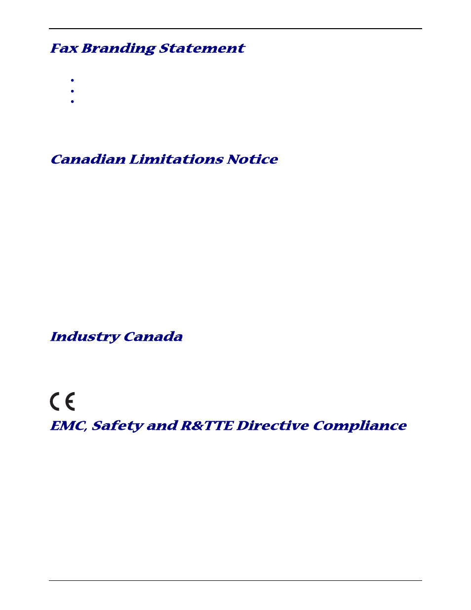 Fax branding statement, Canadian limitations notice, Industry canada | Emc, safety and r&tte directive compliance | Multi-Tech Systems MT9234ZBA-V User Manual | Page 28 / 35