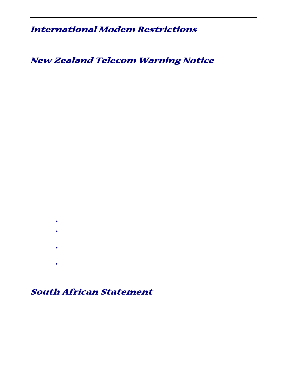 International modem restrictions, New zealand telecom warning notice, South african statement | Multi-Tech Systems MT9234ZBA-V User Manual | Page 29 / 35