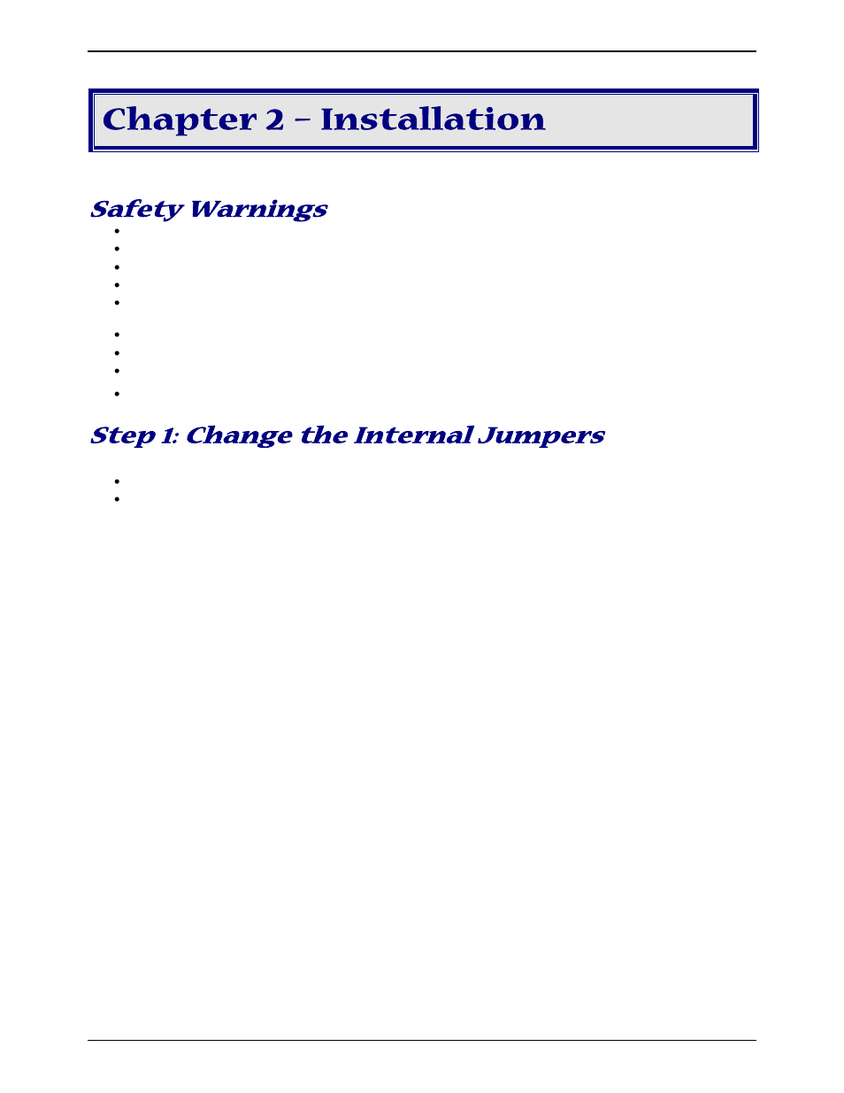 Chapter 2 – installation, Safety warnings, Step 1: change the internal jumpers | Opening the modem | Multi-Tech Systems MT9234ZBA-V User Manual | Page 8 / 35