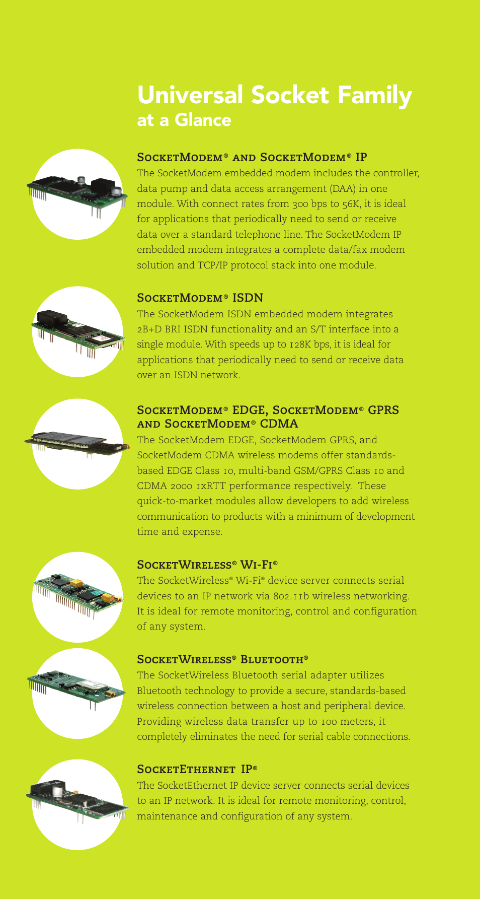 Universal socket family, At a glance, Socketmodem | And socketmodem, Isdn, Edge, socketmodem, Gprs and socketmodem, Cdma, Socketwireless, Wi-fi | Multi-Tech Systems MT2456SMI-IP User Manual | Page 6 / 8
