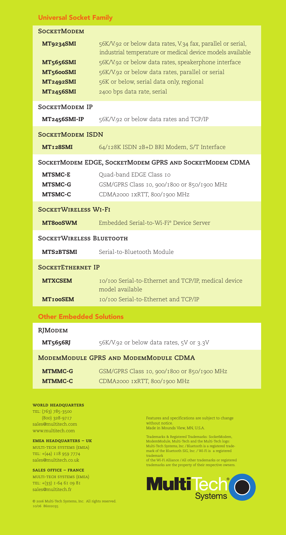 Universal socket family, Other embedded solutions | Multi-Tech Systems MT2456SMI-IP User Manual | Page 8 / 8