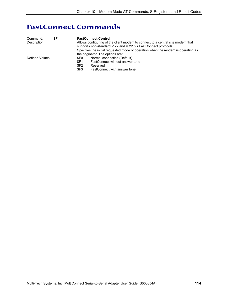 Fastconnect commands | Multi-Tech Systems MTS2SA-T User Manual | Page 114 / 181