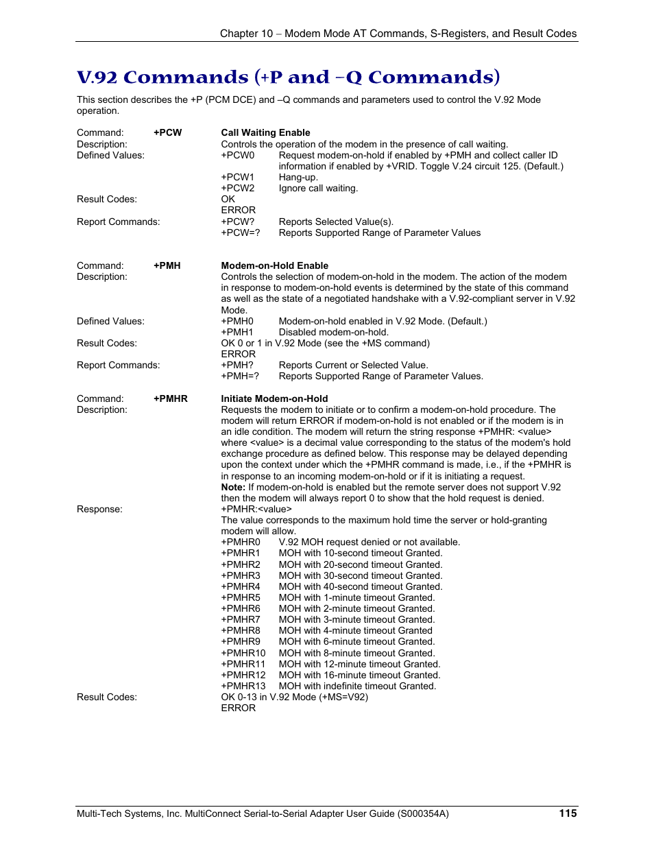 V.92 commands (+p and –q commands) | Multi-Tech Systems MTS2SA-T User Manual | Page 115 / 181