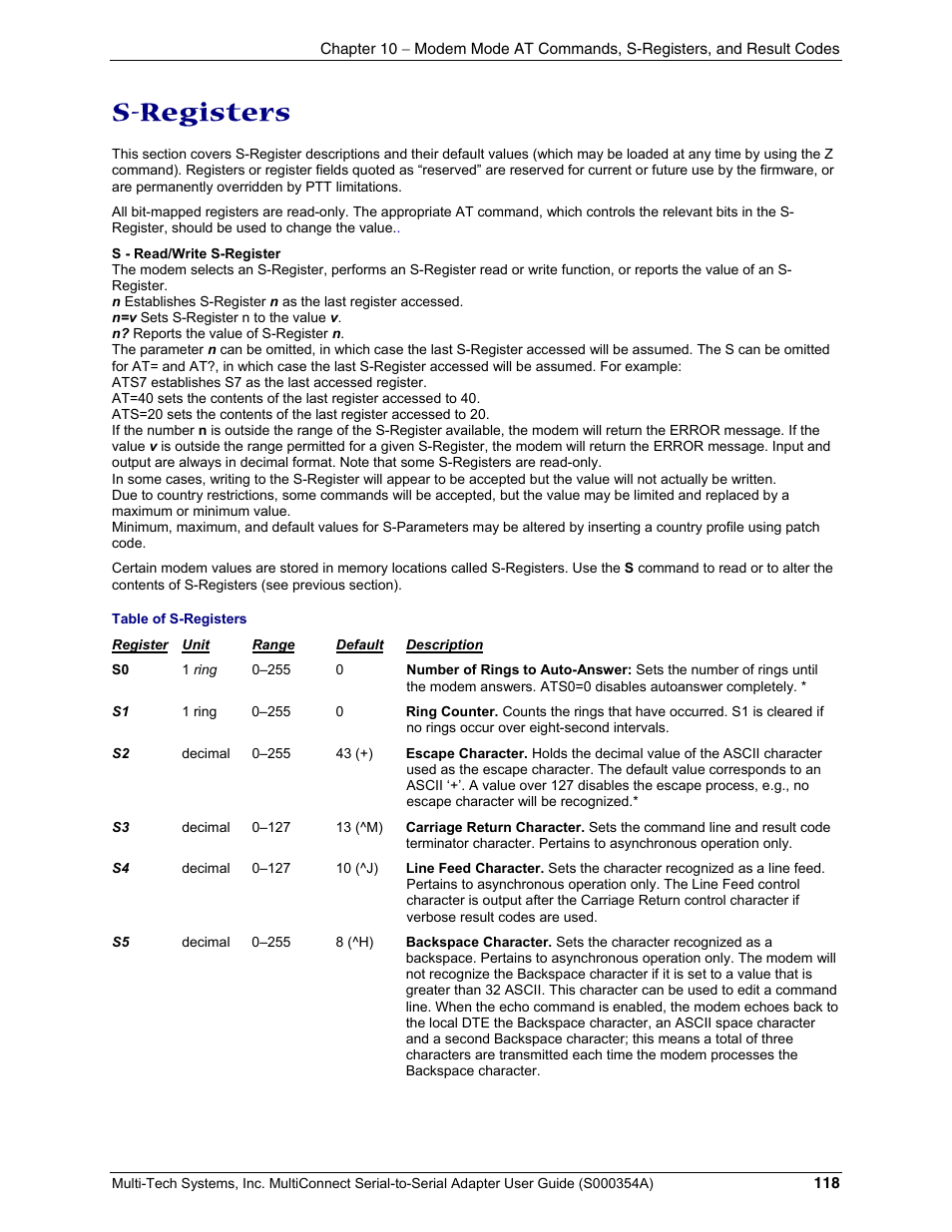 S-registers | Multi-Tech Systems MTS2SA-T User Manual | Page 118 / 181